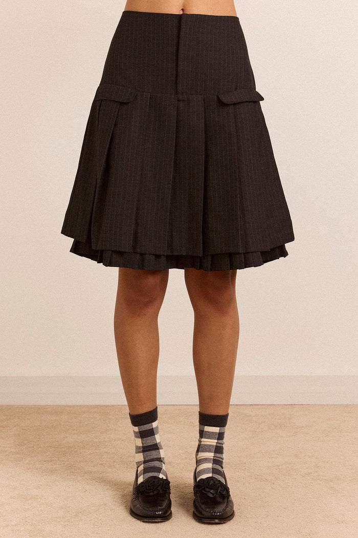 Savannah Double Layered Skirt - Charcoal Pinstripe