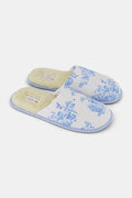 The Roller Rabbit Sherwood Forest Monkey Quilted Slipper, featuring a blue and white toile pattern and faux-shearling lining, is displayed on a plain white background.
