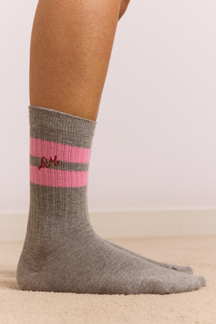 Sporty Calf Length Socks- Grey Marl with Pink Stripe