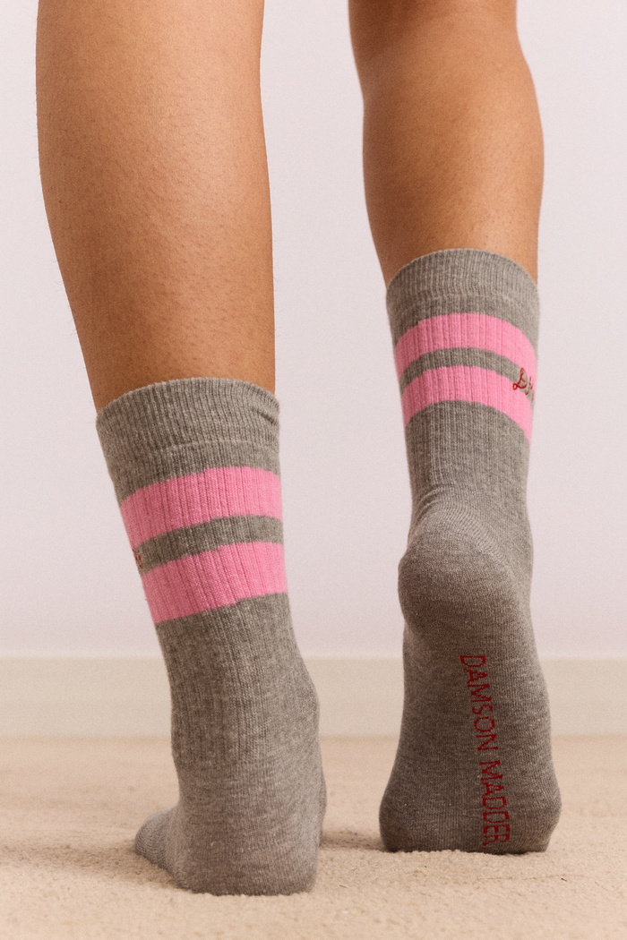 Sporty Calf Length Socks- Grey Marl with Pink Stripe