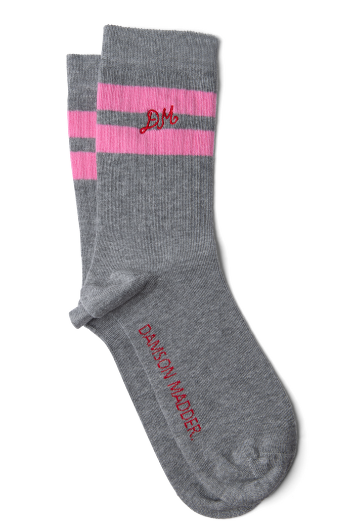 Sporty Calf Length Socks- Grey Marl with Pink Stripe