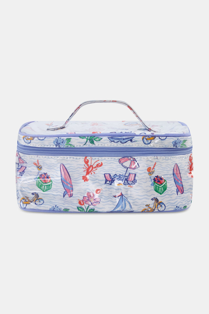 The Roller Rabbit Summer Club Carry All Case is a rectangular cotton canvas bag with a handle, featuring colorful crabs, flowers, surfboards, bicycles, cupcakes, and a sailboat on a light blue wavy background.