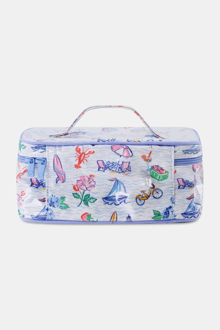 The Roller Rabbit Summer Club Carry All Case is a rectangular cotton canvas bag with a handle, featuring colorful crabs, flowers, surfboards, bicycles, cupcakes, and a sailboat on a light blue wavy background.