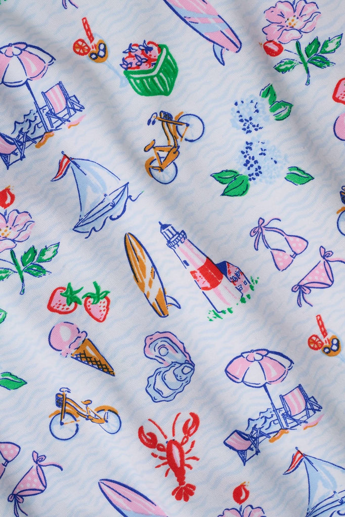 The Roller Rabbit Infant Summer Club Zipper Footie is a white, long-sleeve pajama for infants made from soft Pima cotton, featuring playful summer prints and convenient footed legs with a front zipper for easy dressing.