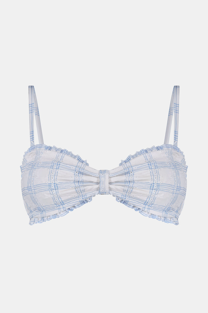 A woman wears the Roller Rabbit Sun Check Eyelet Sydney Bikini Top, featuring ruffle trim and adjustable straps, against a plain light background.