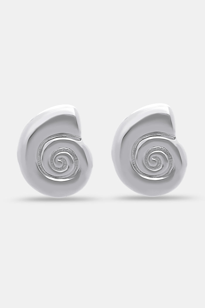 Roller Rabbit Swirl Stud Earrings: shiny silver studs shaped like abstract shells with a raised spiral design in the center, shown on a plain light gray background.
