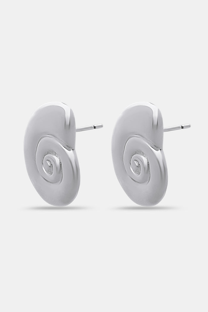 Roller Rabbit Swirl Stud Earrings: shiny silver studs shaped like abstract shells with a raised spiral design in the center, shown on a plain light gray background.