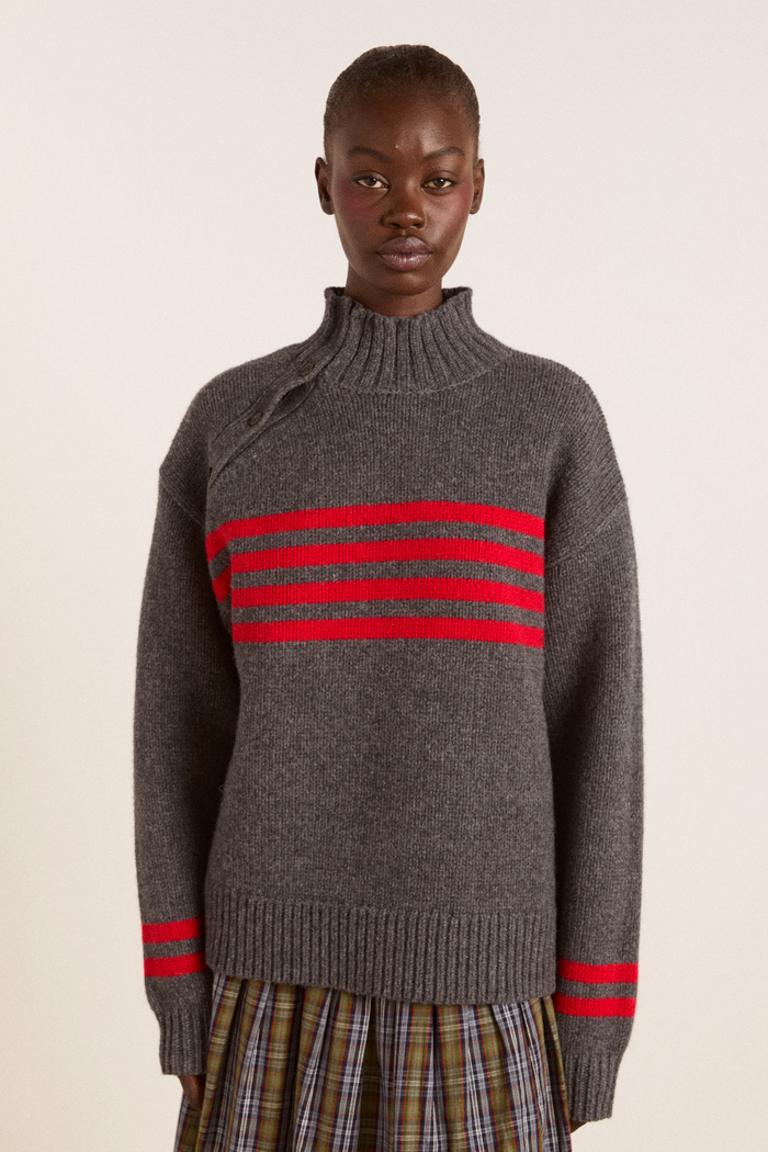 Tallulah High Neck Lambswool Jumper - Charcoal/Red