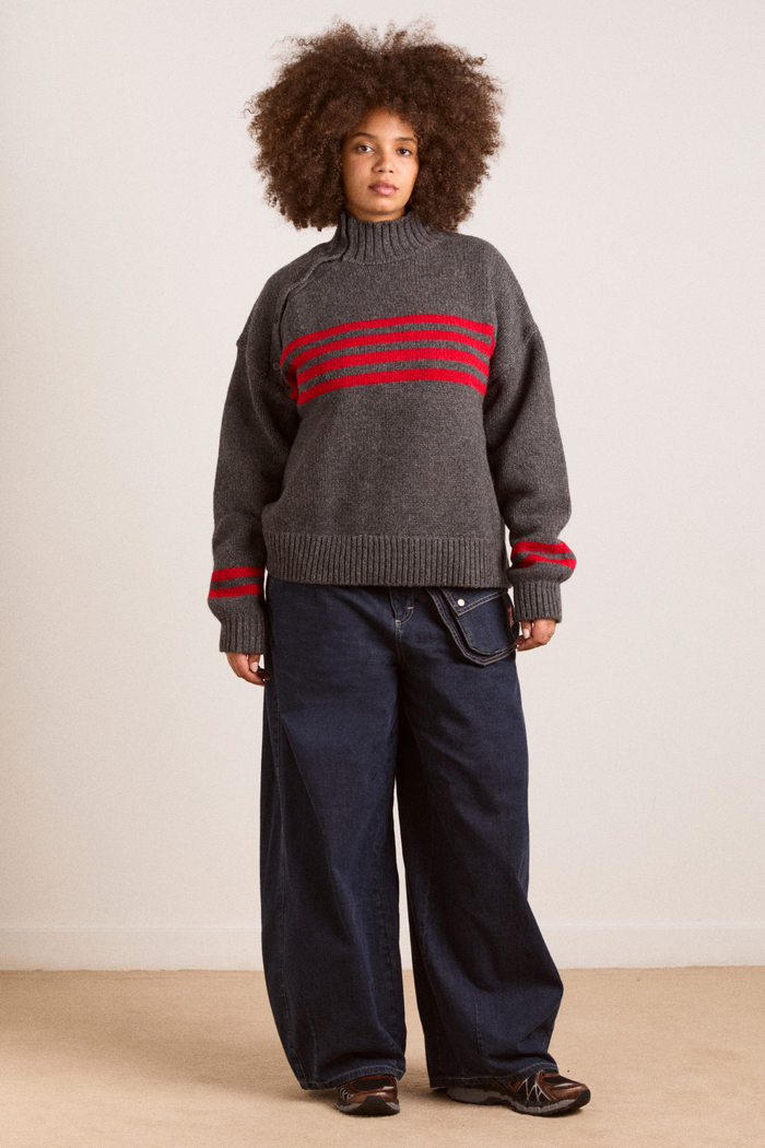 Tallulah High Neck Lambswool Jumper - Charcoal/Red