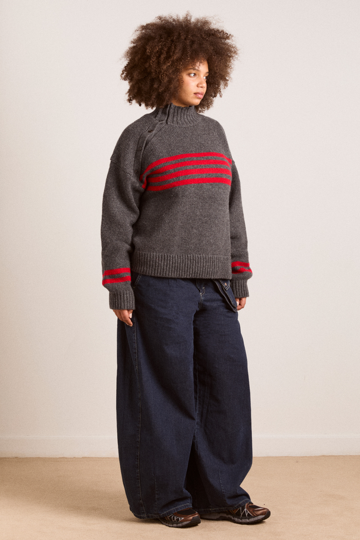 Tallulah High Neck Lambswool Jumper - Charcoal/Red
