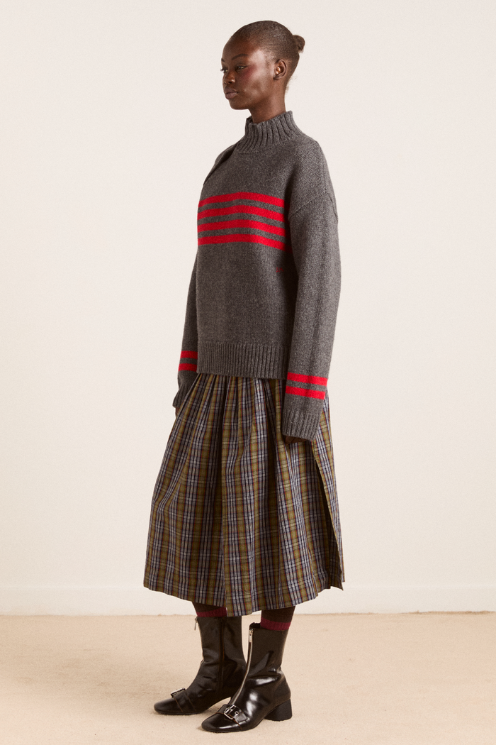 Tallulah High Neck Lambswool Jumper - Charcoal/Red