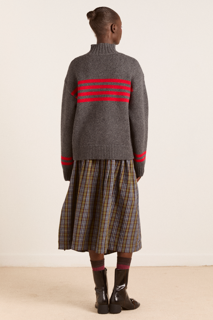 Tallulah High Neck Lambswool Jumper - Charcoal/Red