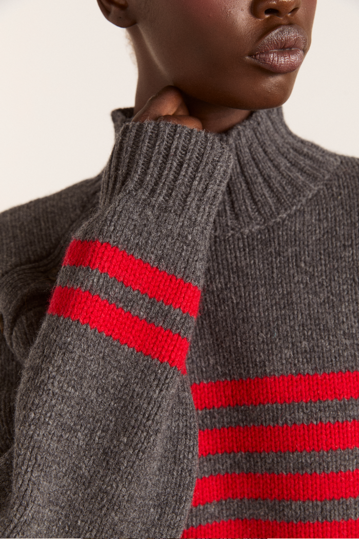 Tallulah High Neck Lambswool Jumper - Charcoal/Red