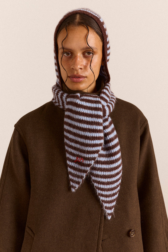 Tie Front Hood - Blue & Choc Stripe
