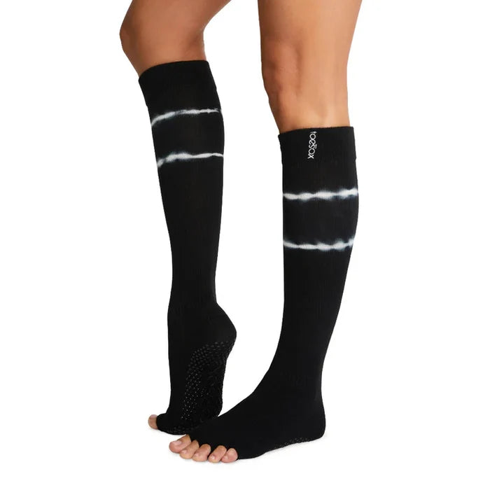 Toesox Half Toe Scrunch Knee High Grip Socks - Black Tie Dye Stripe
