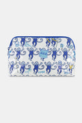 The Roller Rabbit Tri Delta Monkey Makeup Bag is a white zip pouch crafted from cotton canvas and finished with a protective, easy-to-clean coating. It features blue cartoon monkeys—some holding flags or signs—alongside “Tri Delta 1888” text in blue, all arranged in a playful repeating pattern across the bag.