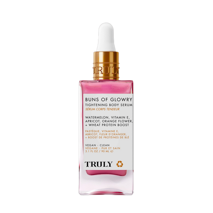 Truly Beauty Buns of Glowry Tightening Body Serum front pack bottle for firmer-looking body skin