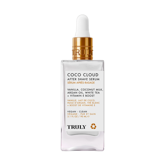 Truly Beauty Coco Cloud After Shave Serum front pack bottle with coconut-inspired post-shave serum
