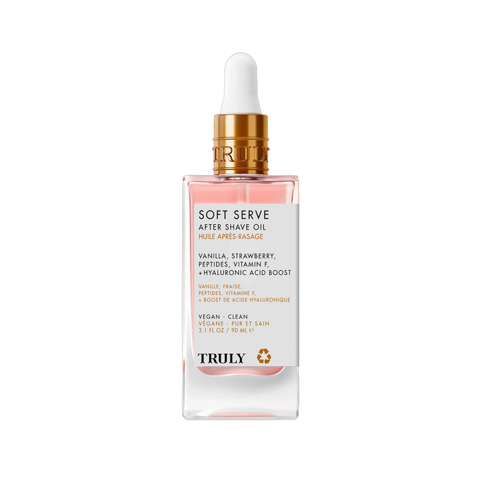 Truly Beauty Soft Serve After Shave Oil front pack bottle for brightening post-shave body oil
