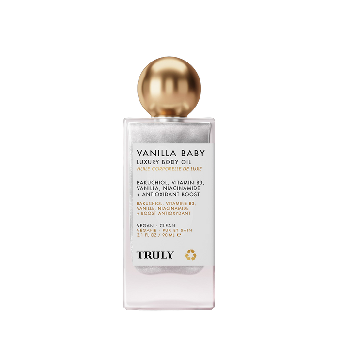 Truly Beauty Vanilla Baby Luxury Body Oil front pack bottle with soft shimmer body oil